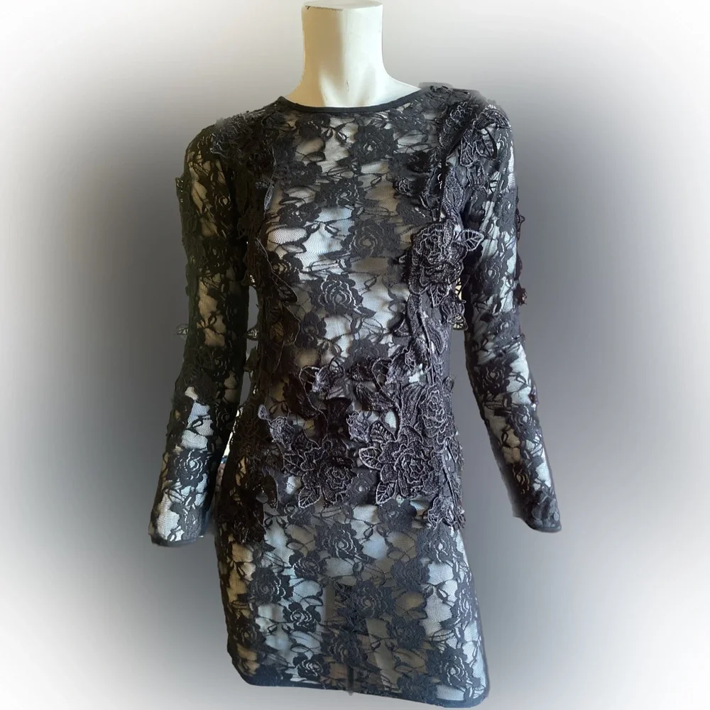 Lace black gothic elegant dark floral appliqué cocktail sexy vamp dress prom - Picture 3 of 6
